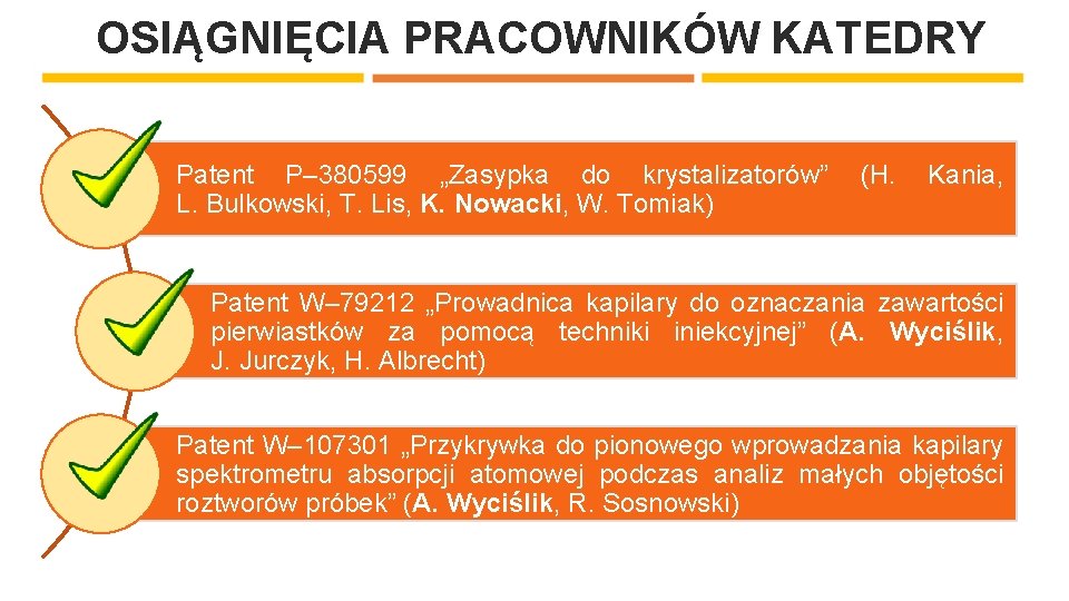 OSIĄGNIĘCIA PRACOWNIKÓW KATEDRY Patent P– 380599 „Zasypka do krystalizatorów” L. Bulkowski, T. Lis, K.