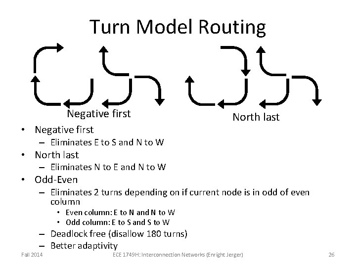 Turn Model Routing Negative first • Negative first North last – Eliminates E to