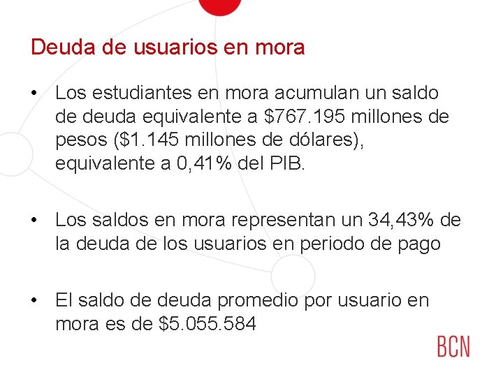 Deuda de usuarios en mora • Los estudiantes en mora acumulan un saldo de