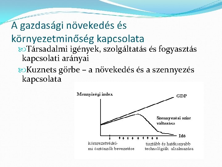 A gazdasági növekedés és környezetminőség kapcsolata Társadalmi igények, szolgáltatás és fogyasztás kapcsolati arányai Kuznets