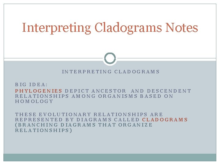 Interpreting Cladograms Notes INTERPRETING CLADOGRAMS BIG IDEA: PHYLOGENIES DEPICT ANCESTOR AND DESCENDENT RELATIONSHIPS AMONG