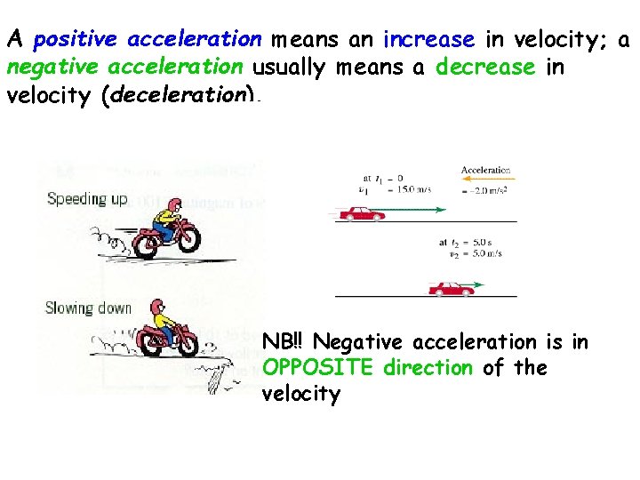 A positive acceleration means an increase in velocity; a negative acceleration usually means a