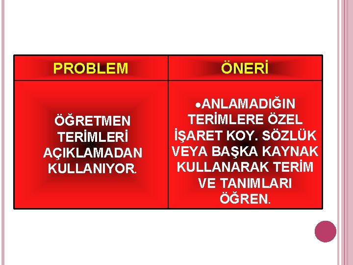 PROBLEM ÖNERİ ÖĞRETMEN TERİMLERİ AÇIKLAMADAN KULLANIYOR. ANLAMADIĞIN TERİMLERE ÖZEL İŞARET KOY. SÖZLÜK VEYA BAŞKA