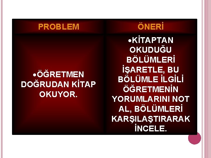 PROBLEM ÖNERİ ÖĞRETMEN DOĞRUDAN KİTAP OKUYOR. KİTAPTAN OKUDUĞU BÖLÜMLERİ İŞARETLE, BU BÖLÜMLE İLGİLİ ÖĞRETMENİN