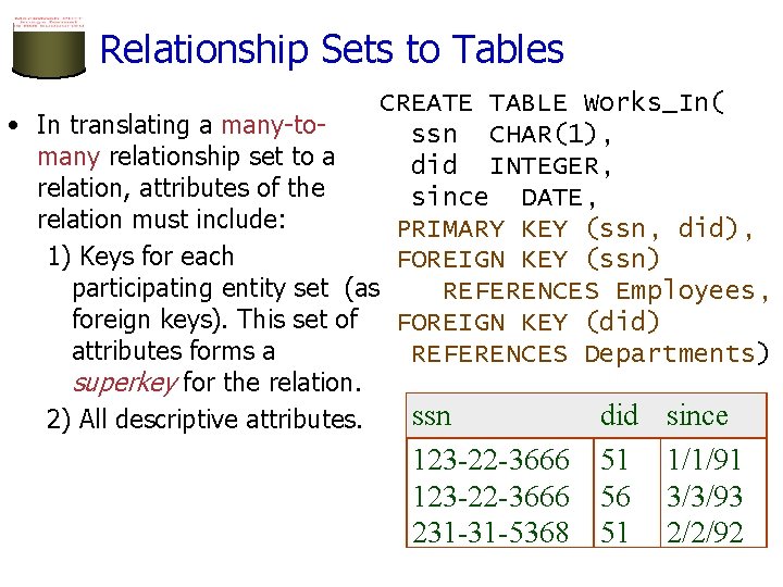 Relationship Sets to Tables CREATE TABLE Works_In( • In translating a many-tossn CHAR(1), many