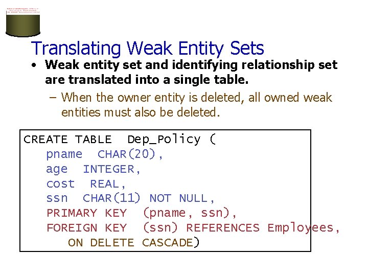 Translating Weak Entity Sets • Weak entity set and identifying relationship set are translated