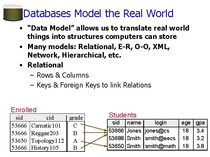 Databases Model the Real World • “Data Model” allows us to translate real world