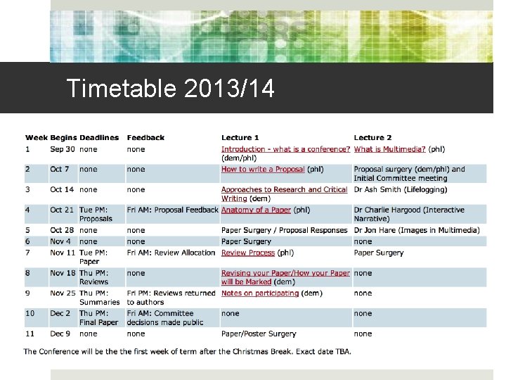 Timetable 2013/14 