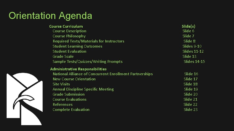 Orientation Agenda Course Curriculum Course Description Course Philosophy Required Texts/Materials for Instructors Student Learning
