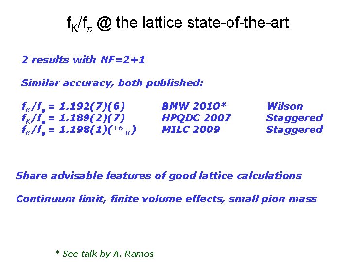 f. K/fp @ the lattice state-of-the-art 2 results with NF=2+1 Similar accuracy, both published: