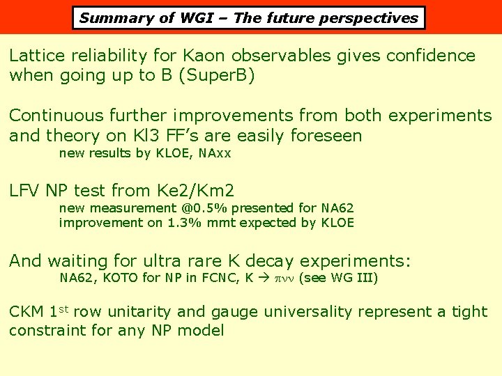 Summary of WGI – The future perspectives Lattice reliability for Kaon observables gives confidence