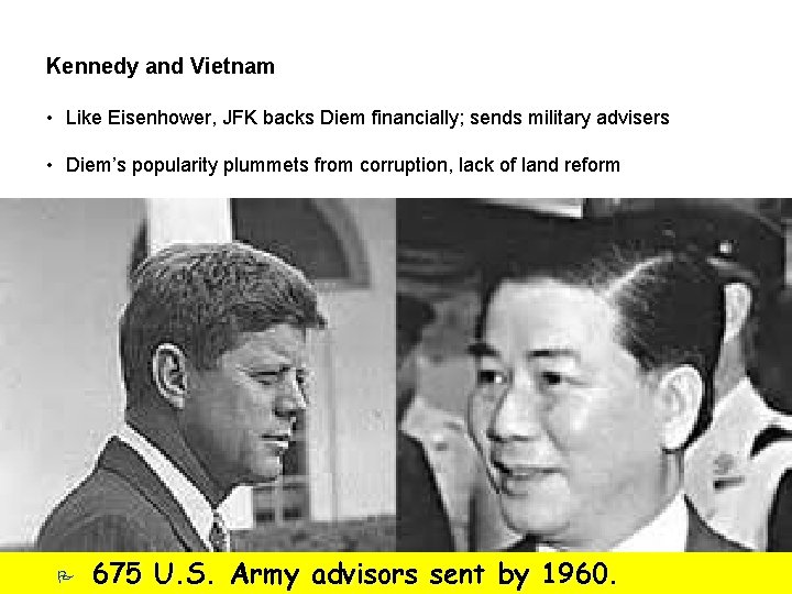 Kennedy and Vietnam • Like Eisenhower, JFK backs Diem financially; sends military advisers •