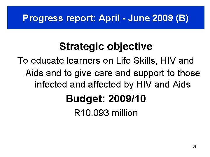 Progress report: April - June 2009 (B) Strategic objective To educate learners on Life