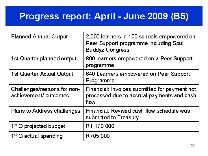 Progress report: April - June 2009 (B 5) Planned Annual Output 2, 000 learners