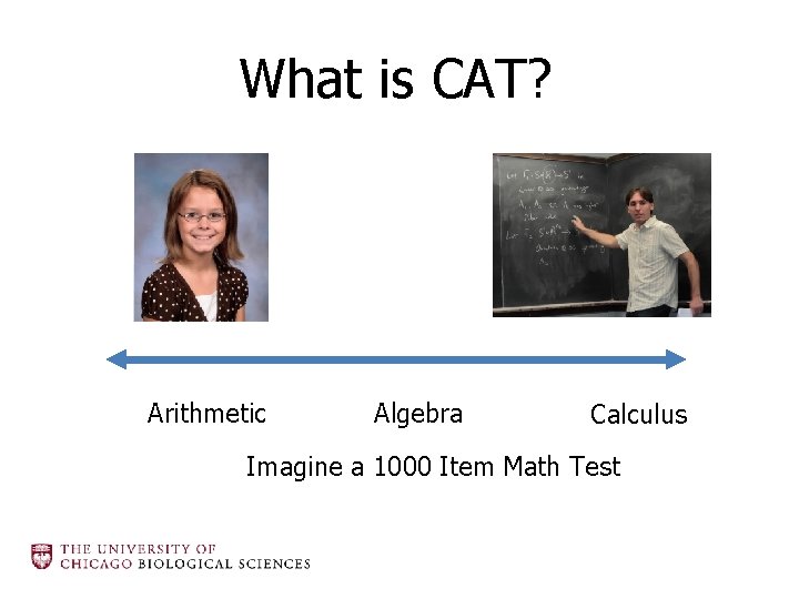 What is CAT? Arithmetic Algebra Calculus Imagine a 1000 Item Math Test 