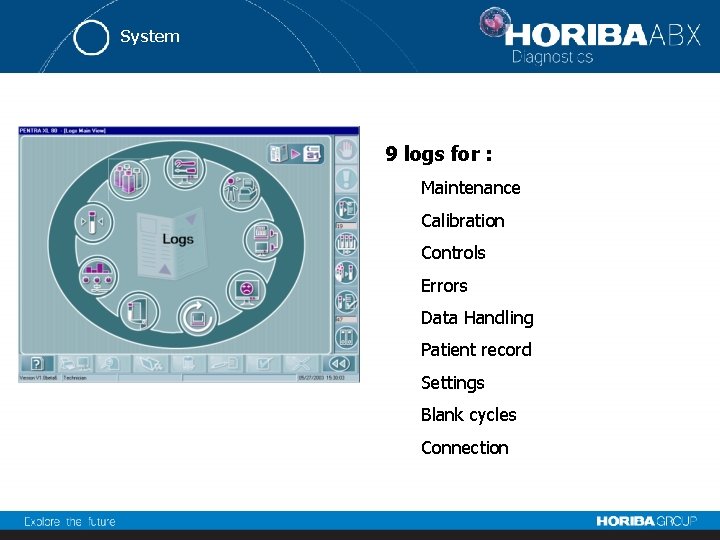 System 9 logs for : Maintenance Calibration Controls Errors Data Handling Patient record Settings