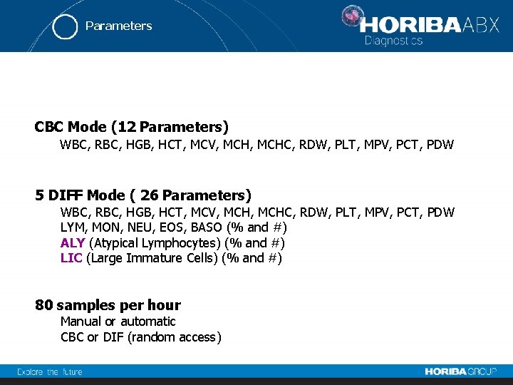 Parameters CBC Mode (12 Parameters) WBC, RBC, HGB, HCT, MCV, MCHC, RDW, PLT, MPV,