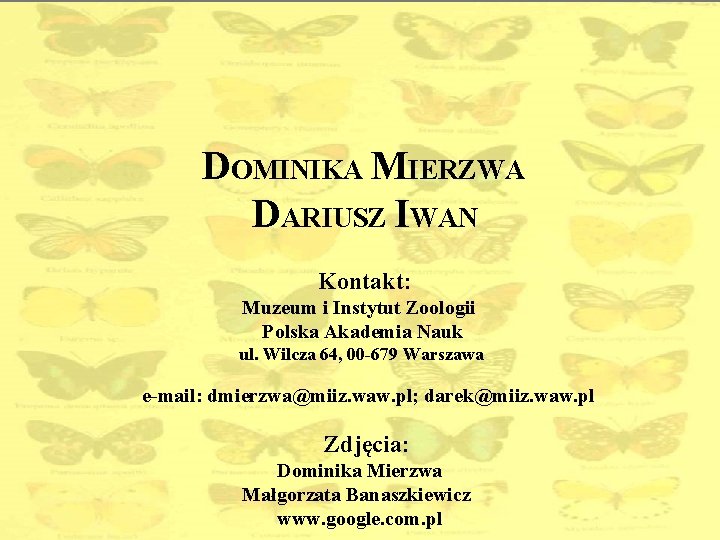 DOMINIKA MIERZWA DARIUSZ IWAN Kontakt: Muzeum i Instytut Zoologii Polska Akademia Nauk ul. Wilcza