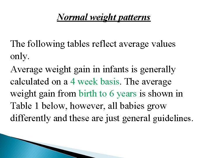 Normal weight patterns The following tables reflect average values only. Average weight gain in