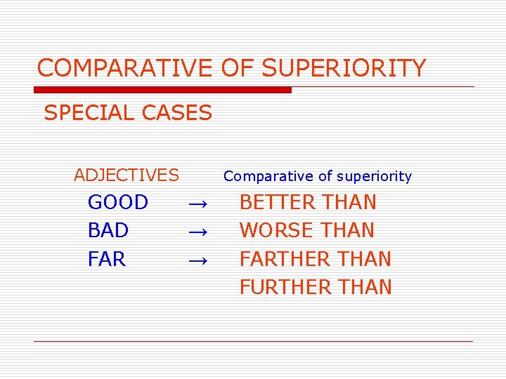 COMPARATIVE OF SUPERIORITY SPECIAL CASES ADJECTIVES GOOD BAD FAR Comparative of superiority → →