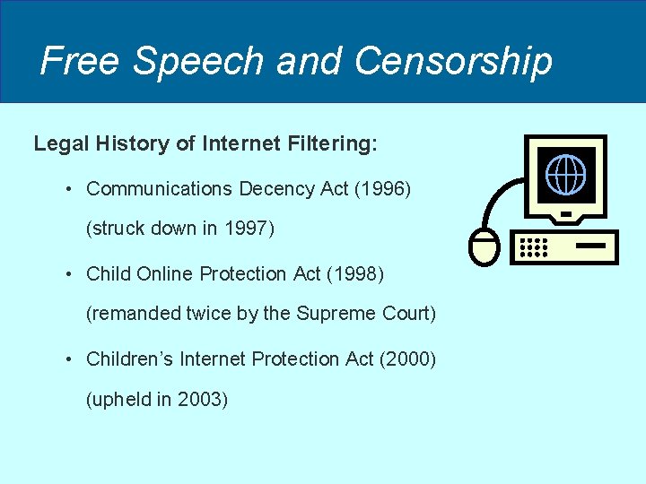 Free Speech and Censorship Legal History of Internet Filtering: • Communications Decency Act (1996) Free Speech and Censorship Legal History of Internet Filtering: • Communications Decency Act (1996)