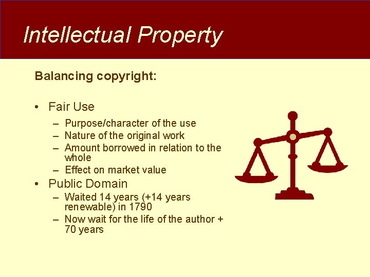 Intellectual Property Balancing copyright: • Fair Use – Purpose/character of the use – Nature Intellectual Property Balancing copyright: • Fair Use – Purpose/character of the use – Nature