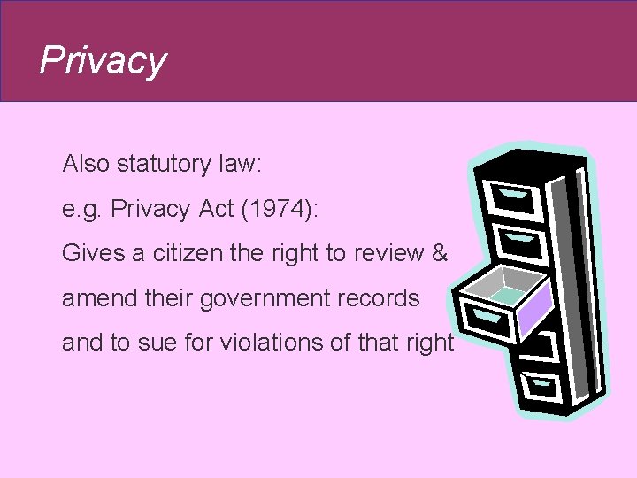 Privacy Also statutory law: e. g. Privacy Act (1974): Gives a citizen the right Privacy Also statutory law: e. g. Privacy Act (1974): Gives a citizen the right