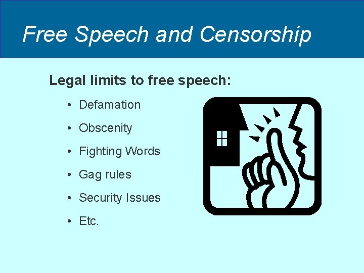 Free Speech and Censorship Legal limits to free speech: • Defamation • Obscenity • Free Speech and Censorship Legal limits to free speech: • Defamation • Obscenity •