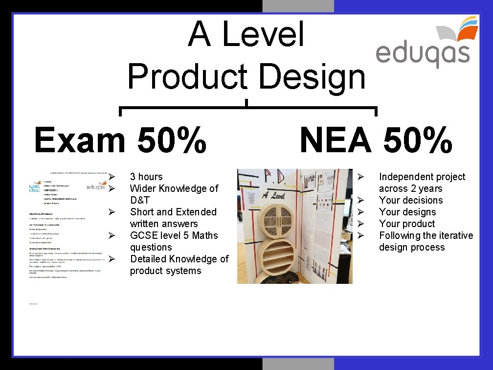 A Level Product Design Exam 50% Ø Ø Ø 3 hours Wider Knowledge of A Level Product Design Exam 50% Ø Ø Ø 3 hours Wider Knowledge of