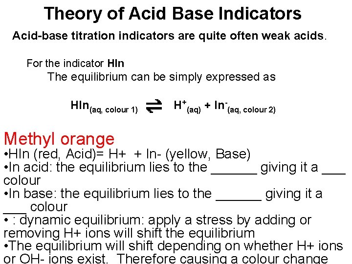 Theory of Acid Base Indicators Acid-base titration indicators are quite often weak acids. For Theory of Acid Base Indicators Acid-base titration indicators are quite often weak acids. For