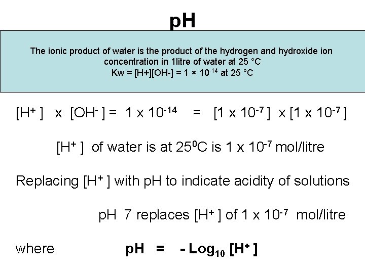 p. H The ionic product of water is the product of the hydrogen and p. H The ionic product of water is the product of the hydrogen and