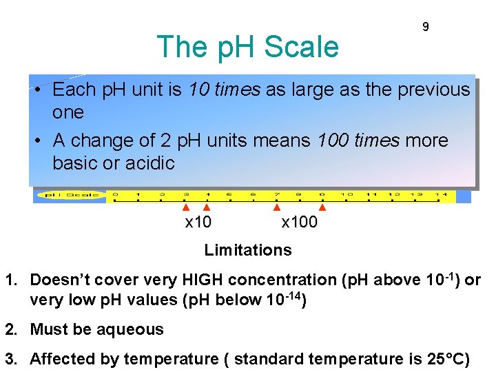 The p. H Scale 9 • Each p. H unit is 10 times as The p. H Scale 9 • Each p. H unit is 10 times as