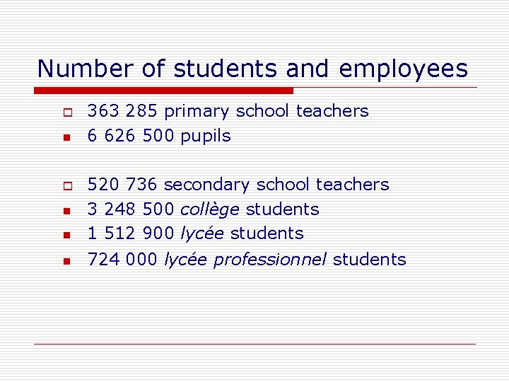 Number of students and employees o n 363 285 primary school teachers 6 626