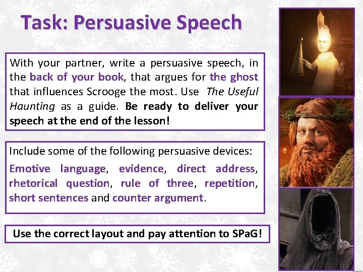 Task: Persuasive Speech With your partner, write a persuasive speech, in the back of