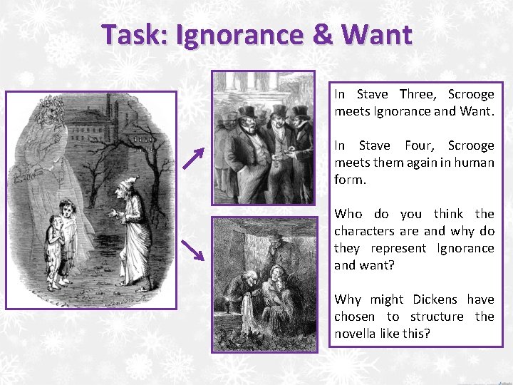 Task: Ignorance & Want In Stave Three, Scrooge meets Ignorance and Want. In Stave