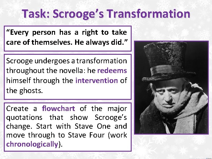 Task: Scrooge’s Transformation “Every person has a right to take care of themselves. He