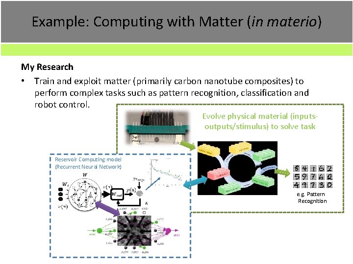 Example: Computing with Matter (in materio) My Research • Train and exploit matter (primarily