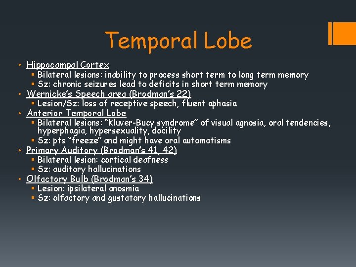 Temporal Lobe • Hippocampal Cortex • • § Bilateral lesions: inability to process short