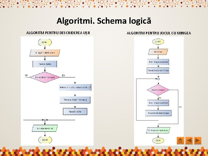 Algoritmi. Schema logică ALGORITM PENTRU DESCHIDEREA UȘII ALGORITM PENTRU JOCUL CU MINGEA 