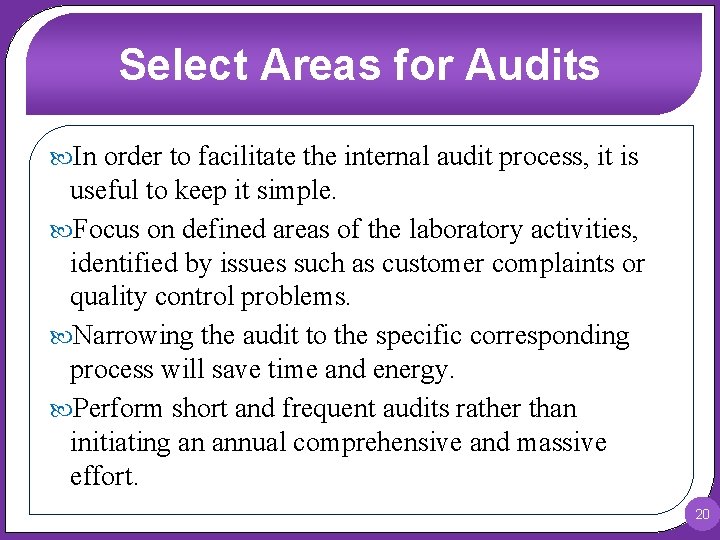 Select Areas for Audits In order to facilitate the internal audit process, it is