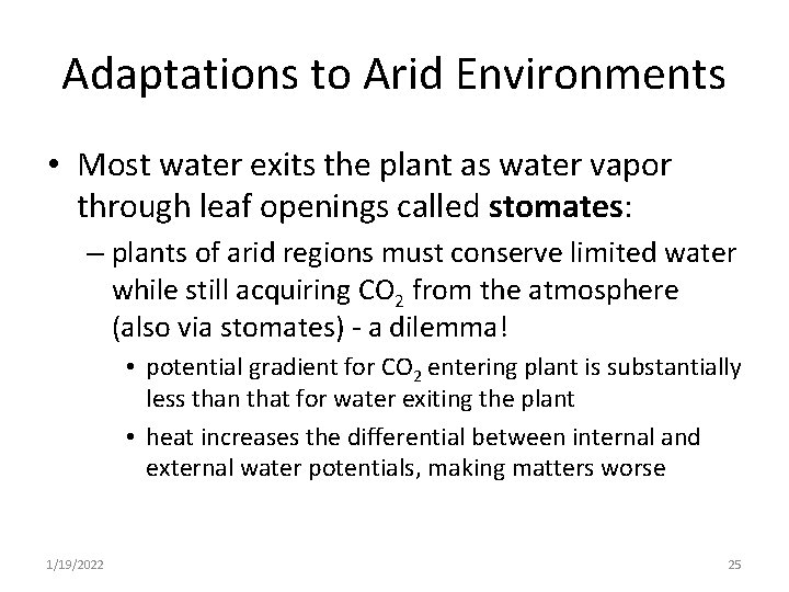 Adaptations to Arid Environments • Most water exits the plant as water vapor through