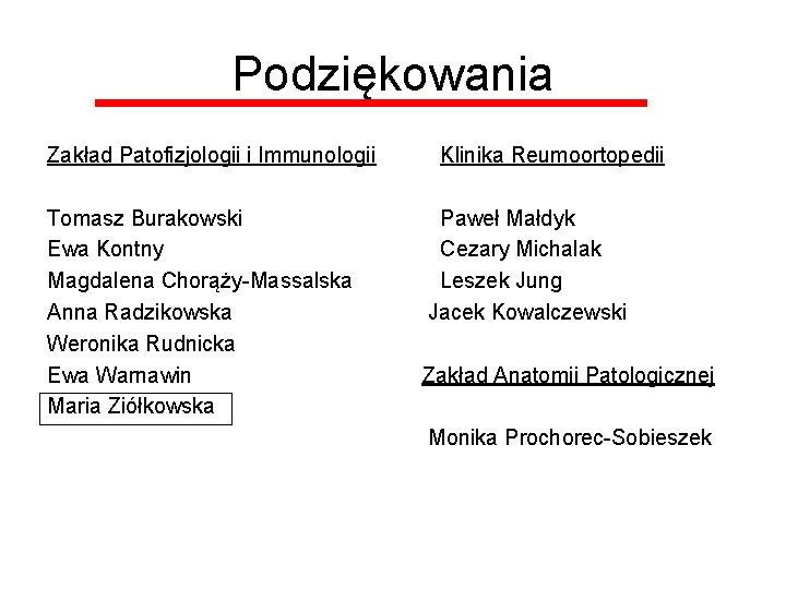 Podziękowania Zakład Patofizjologii i Immunologii Tomasz Burakowski Ewa Kontny Magdalena Chorąży-Massalska Anna Radzikowska Weronika