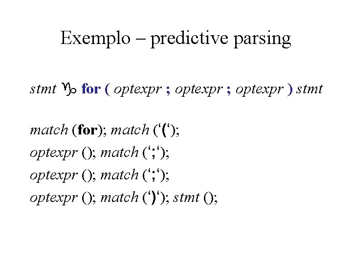 Exemplo – predictive parsing stmt g for ( optexpr ; optexpr ) stmt match Exemplo – predictive parsing stmt g for ( optexpr ; optexpr ) stmt match