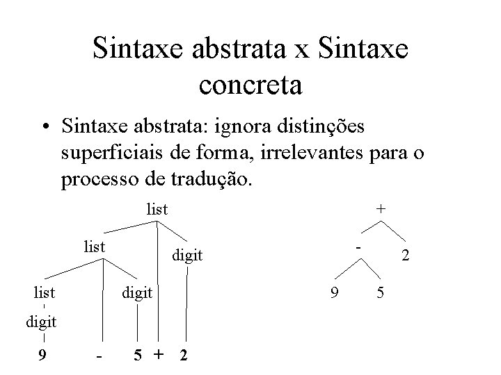 Sintaxe abstrata x Sintaxe concreta • Sintaxe abstrata: ignora distinções superficiais de forma, irrelevantes Sintaxe abstrata x Sintaxe concreta • Sintaxe abstrata: ignora distinções superficiais de forma, irrelevantes