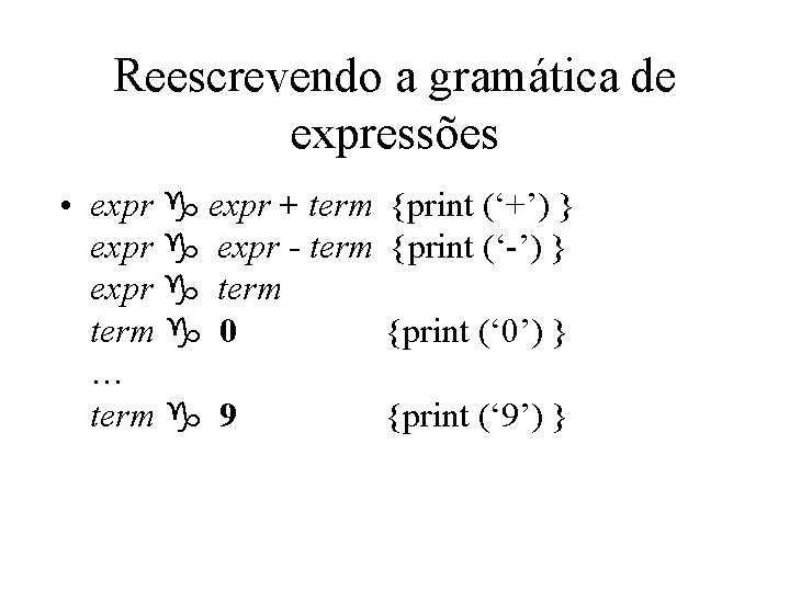 Reescrevendo a gramática de expressões • expr g expr + term expr g expr Reescrevendo a gramática de expressões • expr g expr + term expr g expr