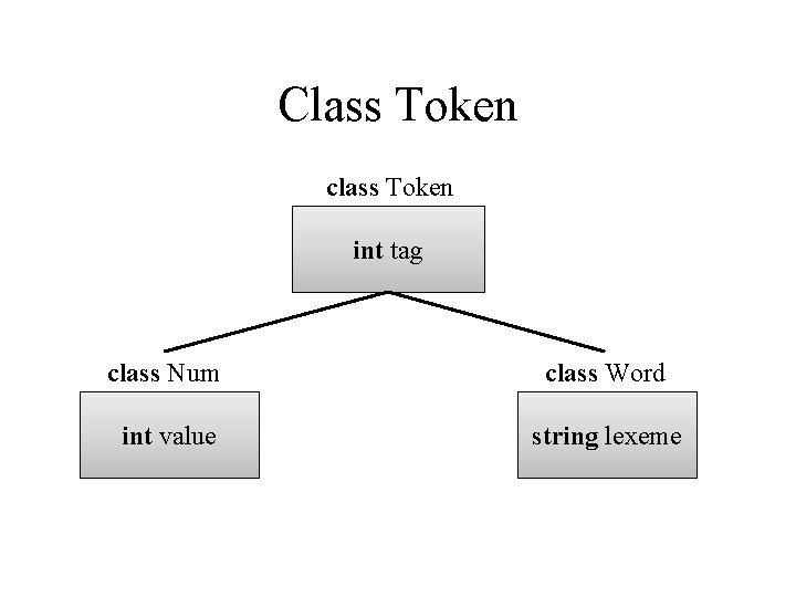 Class Token class Token int tag class Num class Word int value string lexeme Class Token class Token int tag class Num class Word int value string lexeme