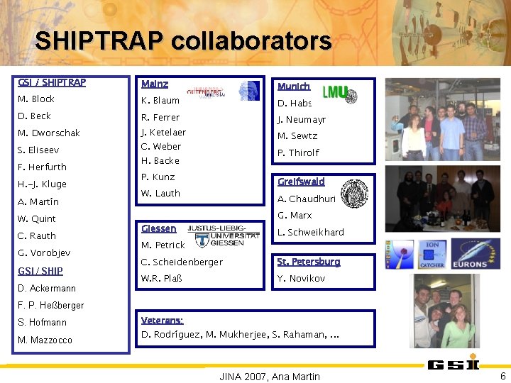 SHIPTRAP collaborators GSI / SHIPTRAP Mainz M. Block Munich K. Blaum D. Beck D.
