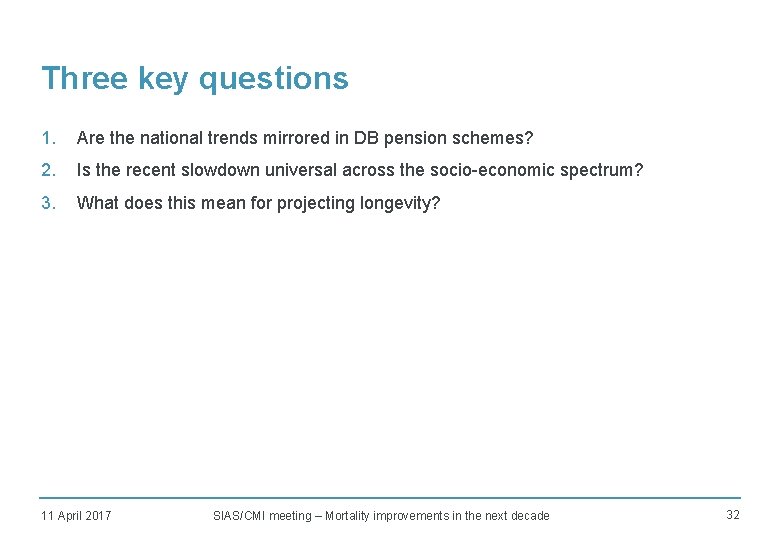Three key questions 1. Are the national trends mirrored in DB pension schemes? 2.