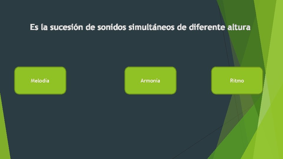 Es la sucesión de sonidos simultáneos de diferente altura Melodía Armonía Ritmo 