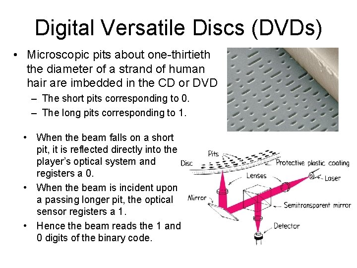 Digital Versatile Discs (DVDs) • Microscopic pits about one-thirtieth the diameter of a strand